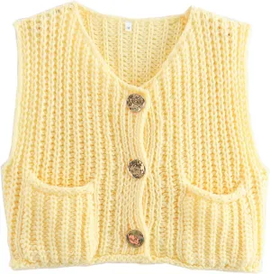 YKR Womens Chunky Knit Sweater Vest Sleeveless Button Down Cropped Cardigan Casual Knitted Crochet Vest with Pockets