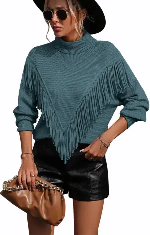 yoeasy Women's Fringe Trim Turtleneck Long Seeve Sweater Knit Loose Pullover Sweater