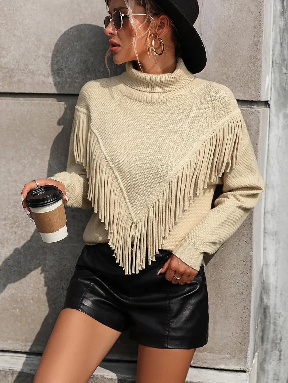 yoeasy Women's Fringe Trim Turtleneck Long Seeve Sweater Knit Loose Pullover Sweater