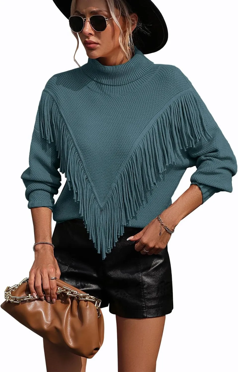 yoeasy Women's Fringe Trim Turtleneck Long Seeve Sweater Knit Loose Pullover Sweater
