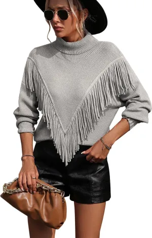 yoeasy Women's Fringe Trim Turtleneck Long Seeve Sweater Knit Loose Pullover Sweater