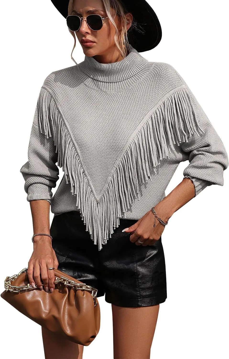 yoeasy Women's Fringe Trim Turtleneck Long Seeve Sweater Knit Loose Pullover Sweater