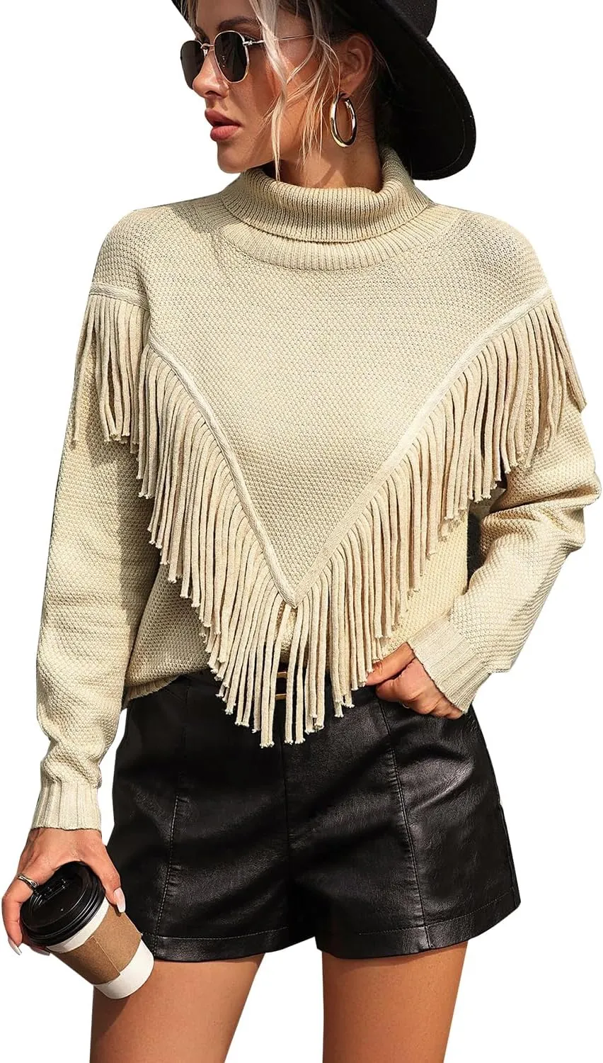yoeasy Women's Fringe Trim Turtleneck Long Seeve Sweater Knit Loose Pullover Sweater
