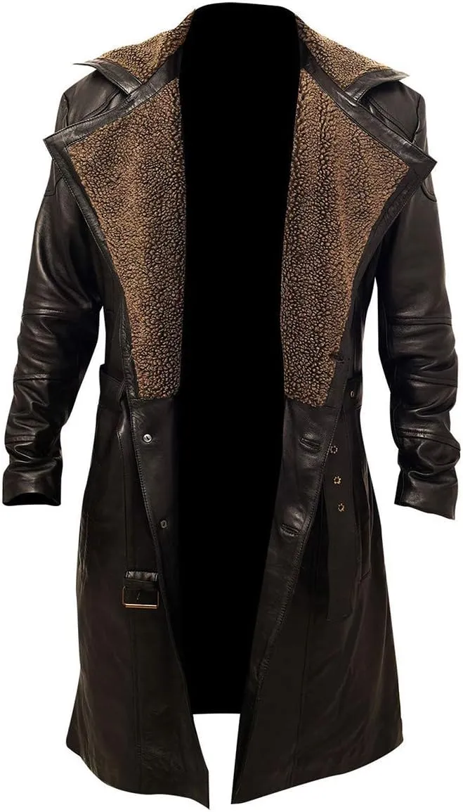 Yolo Jackets Men's Winter WW2 German Faux Fur Collar Belted Military Brown Trench Coat Men Long Costume