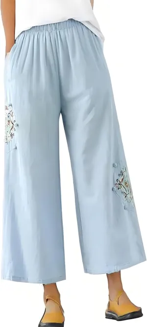YRAETENM Cotton Linen Pants for Women Embroideried Capri Palazzo Wide Leg Pants Comfy Baggy Slacks Trousers with Pockets