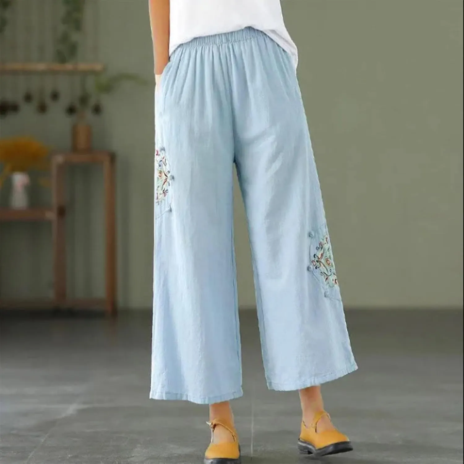 YRAETENM Cotton Linen Pants for Women Embroideried Capri Palazzo Wide Leg Pants Comfy Baggy Slacks Trousers with Pockets