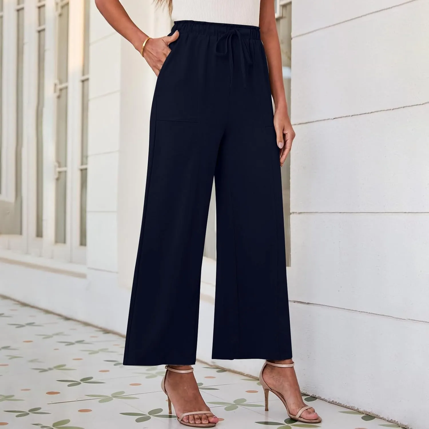 YRAETENM Cotton Linen Wide Leg Pants for Women Summer Boho Wide Leg Palazzo Pants Casual Flowy Beach Trousers with Pockets