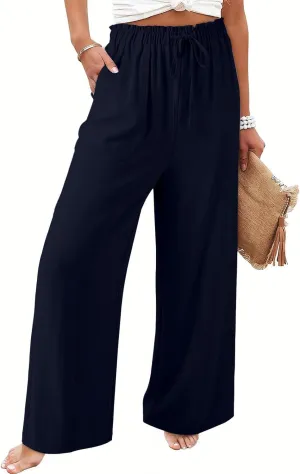 YRAETENM Cotton Linen Wide Leg Pants for Women Summer Boho Wide Leg Palazzo Pants Casual Flowy Beach Trousers with Pockets