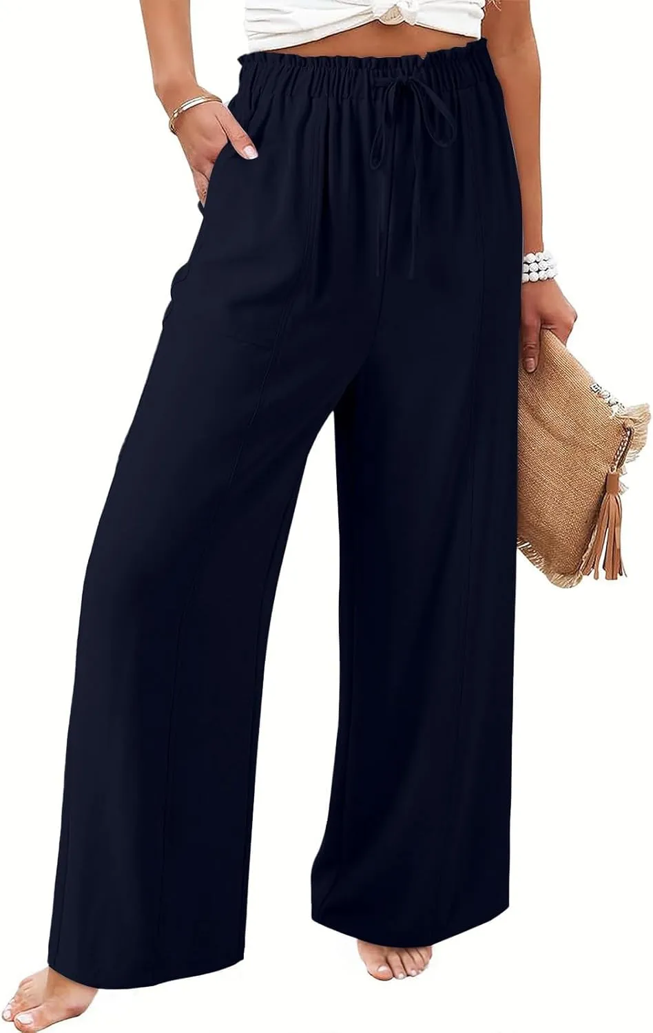 YRAETENM Cotton Linen Wide Leg Pants for Women Summer Boho Wide Leg Palazzo Pants Casual Flowy Beach Trousers with Pockets