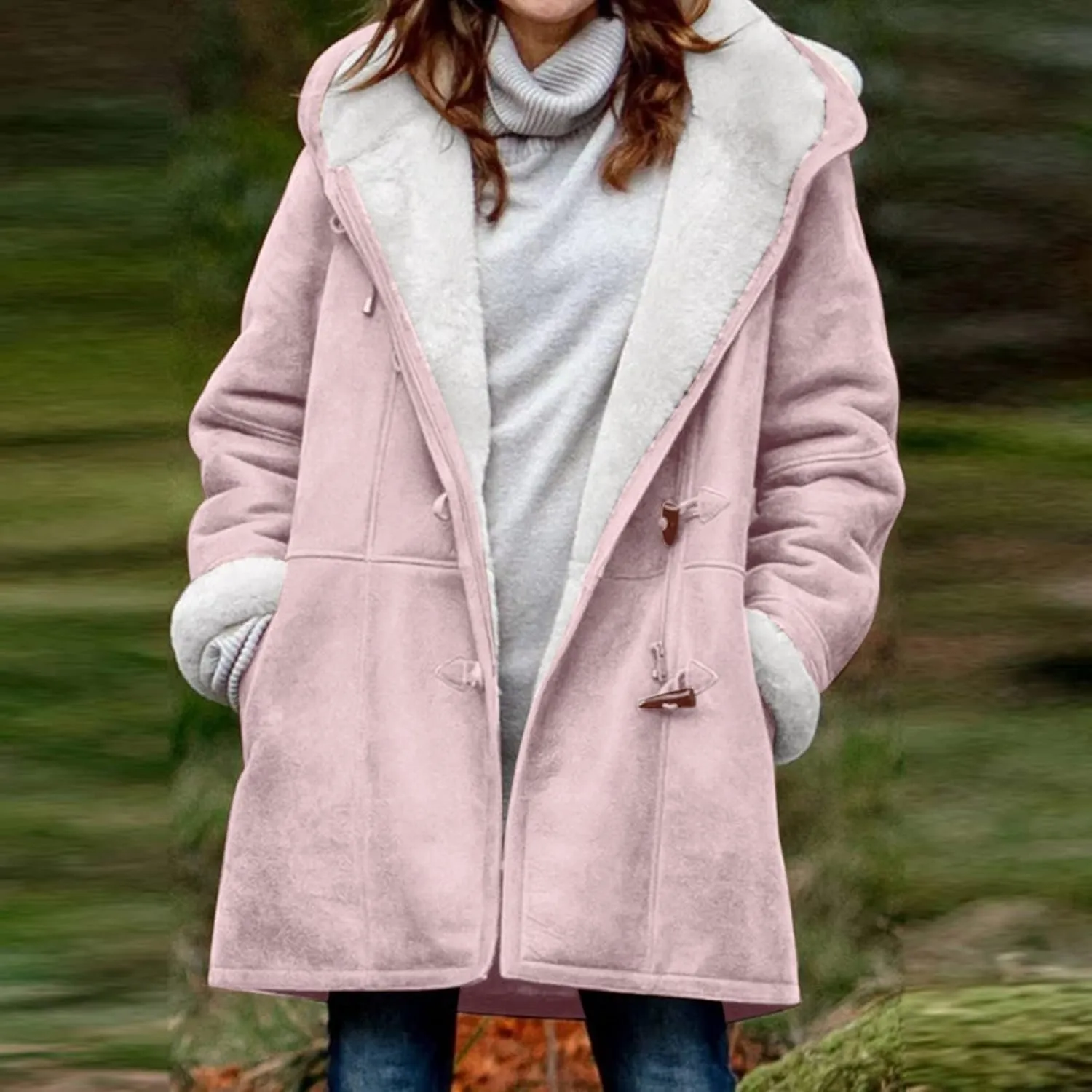 YRAETENM Winter Jackets for Women Plus Size Warm Sherpa Fleece Lined Parka Overcoat Hooded Faux Suede Pea Coat Outerwear