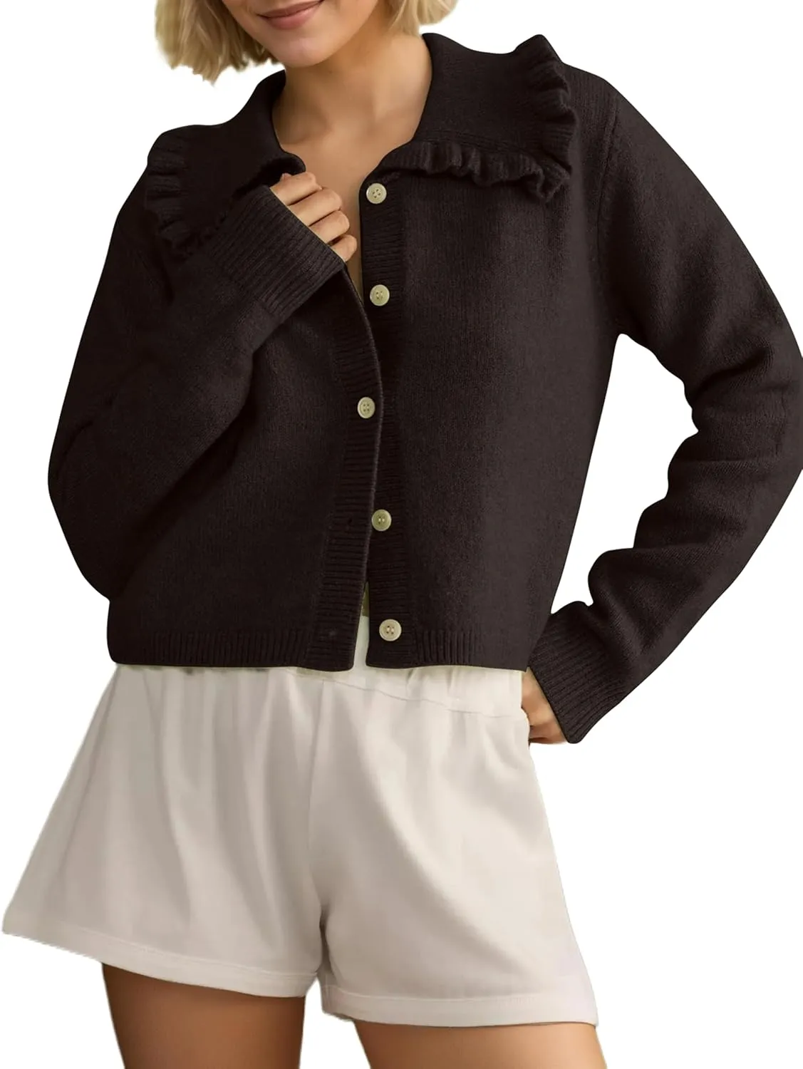Ythomm Womens Ruffle Collar Cropped Cardigans Button Down Open Front Long Sleeve Knit Sweater Jackets Casual Solid Fall Tops