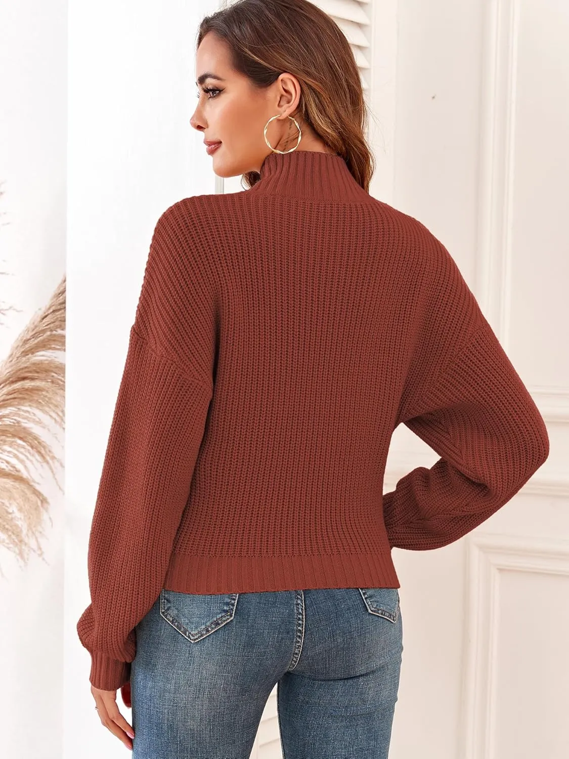 ZAFUL Women's Cropped Turtleneck Sweater Lantern Sleeve Ribbed Knit Pullover Sweater Jumper