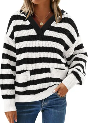 ZESICA Women's Fall Striped Sweaters 2025 V Neck Ribbed Knit Casual Oversized Pullover Hoodies Tops
