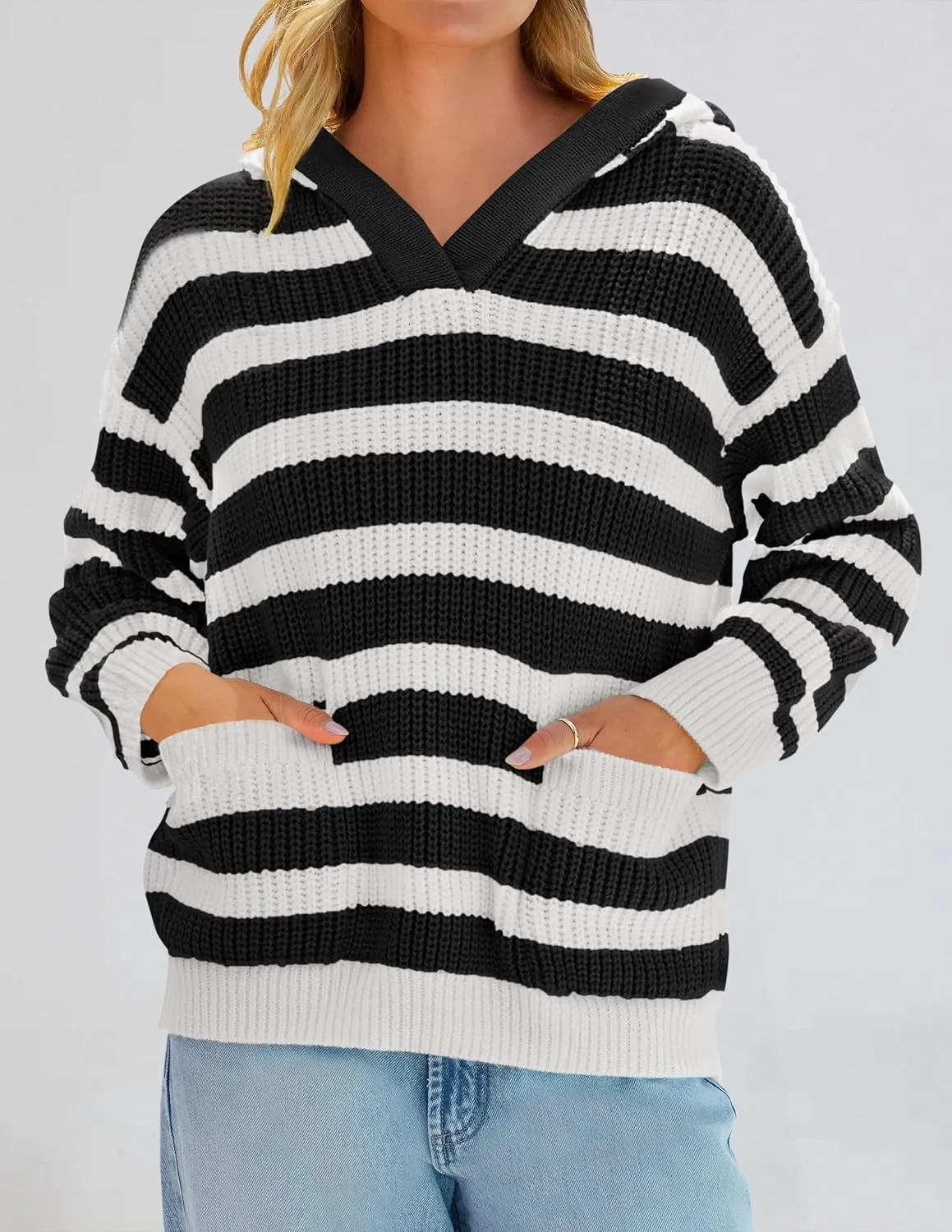 ZESICA Women's Fall Striped Sweaters 2025 V Neck Ribbed Knit Casual Oversized Pullover Hoodies Tops