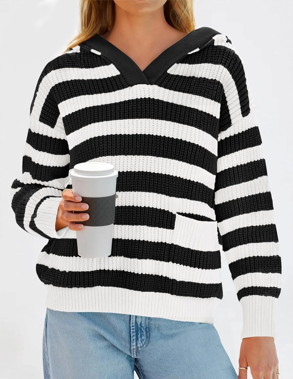 ZESICA Women's Fall Striped Sweaters 2025 V Neck Ribbed Knit Casual Oversized Pullover Hoodies Tops