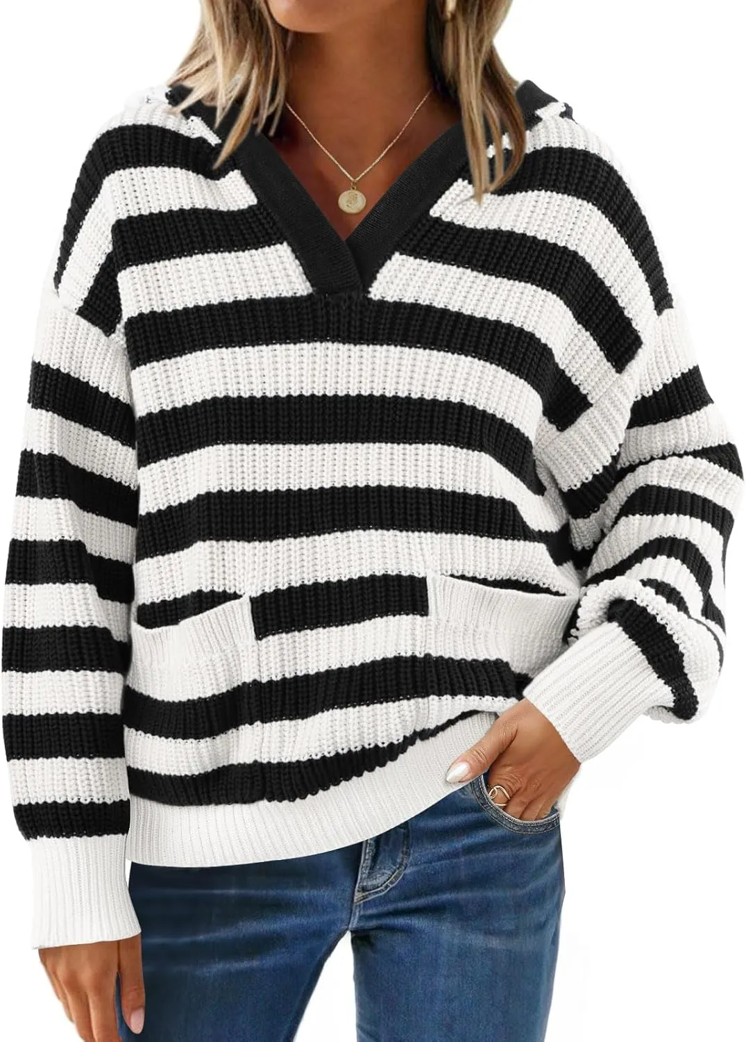 ZESICA Women's Fall Striped Sweaters 2025 V Neck Ribbed Knit Casual Oversized Pullover Hoodies Tops
